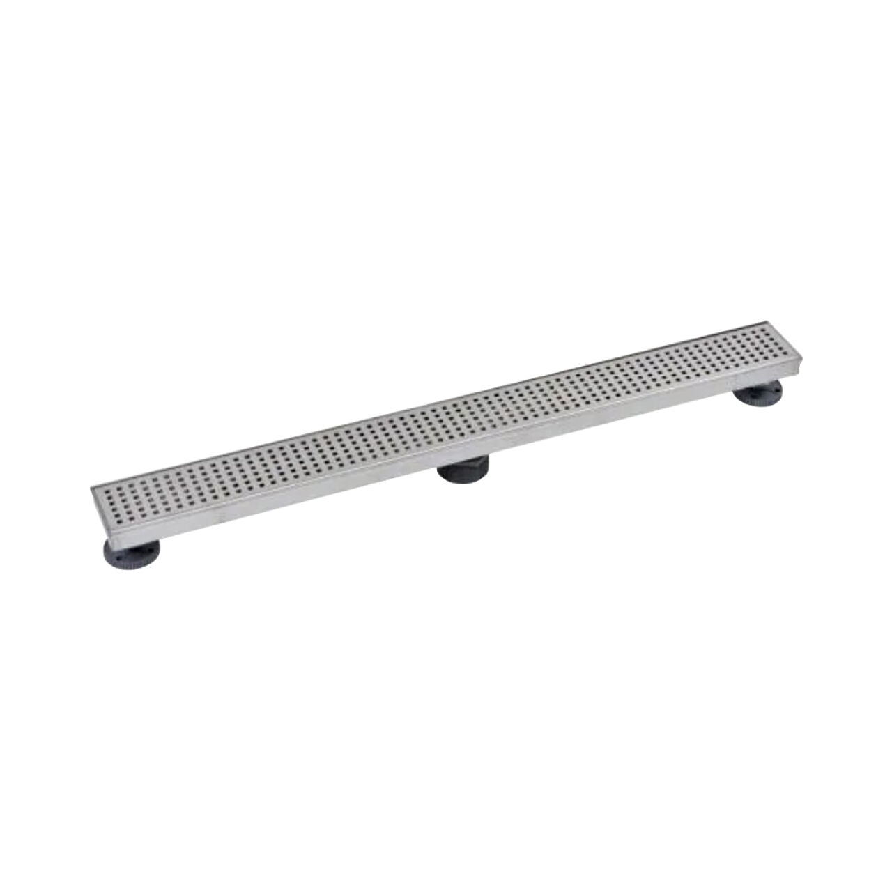 The Go Build 32 in. Designline Stainless Steel Linear Shower Drain features a square pattern drain cover and three adjustable support legs, ideal for showers or wet areas.